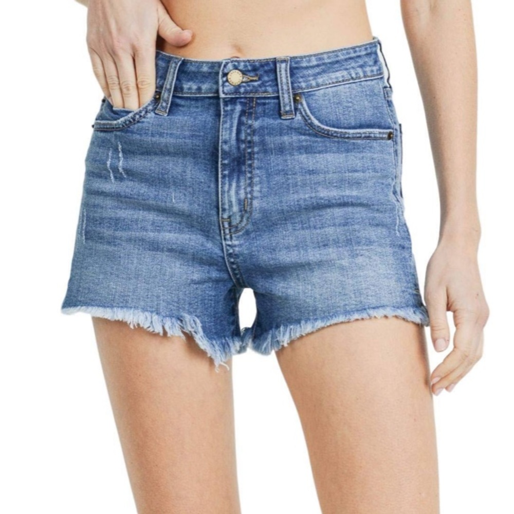 JUST USA Frayed Hem High Rise Jean Shorts in Medium Blue